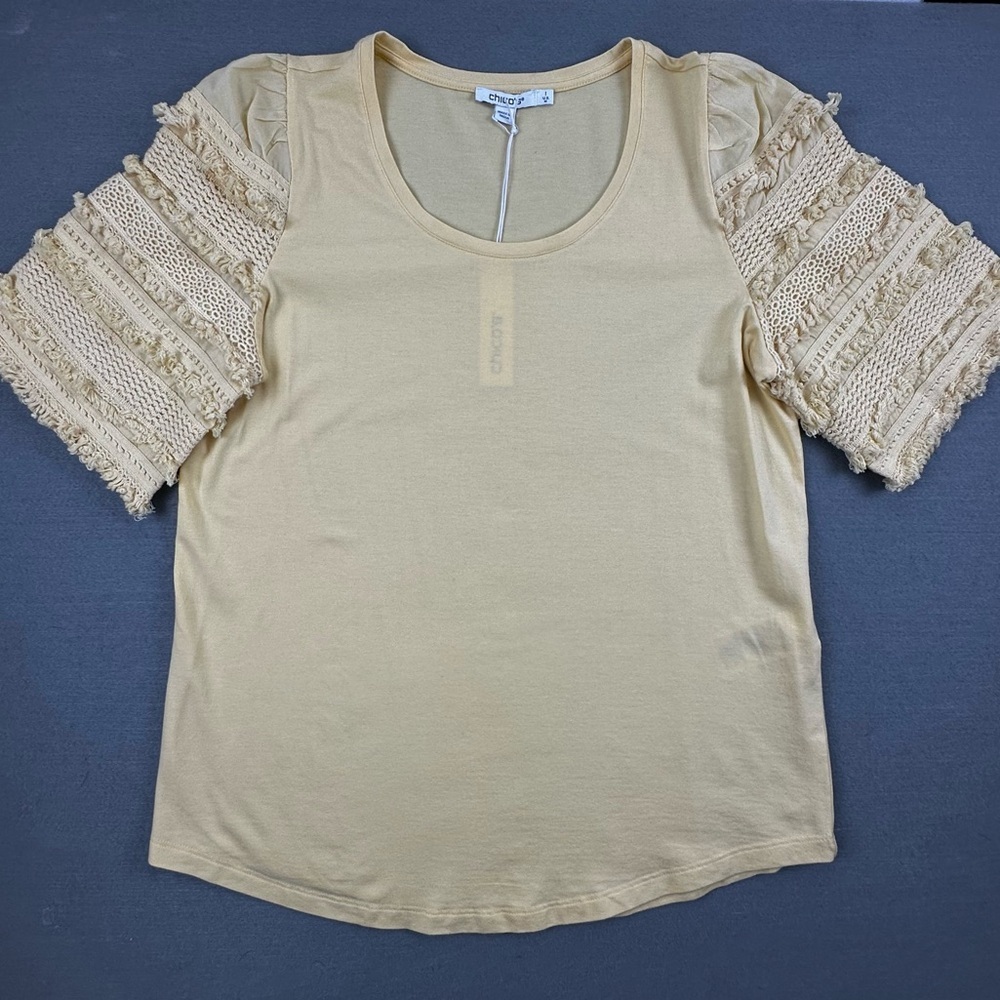 Chico’s Touch of Cool Lace Sleeve Knit Top Size 1 NWT Golden Haze Yellow